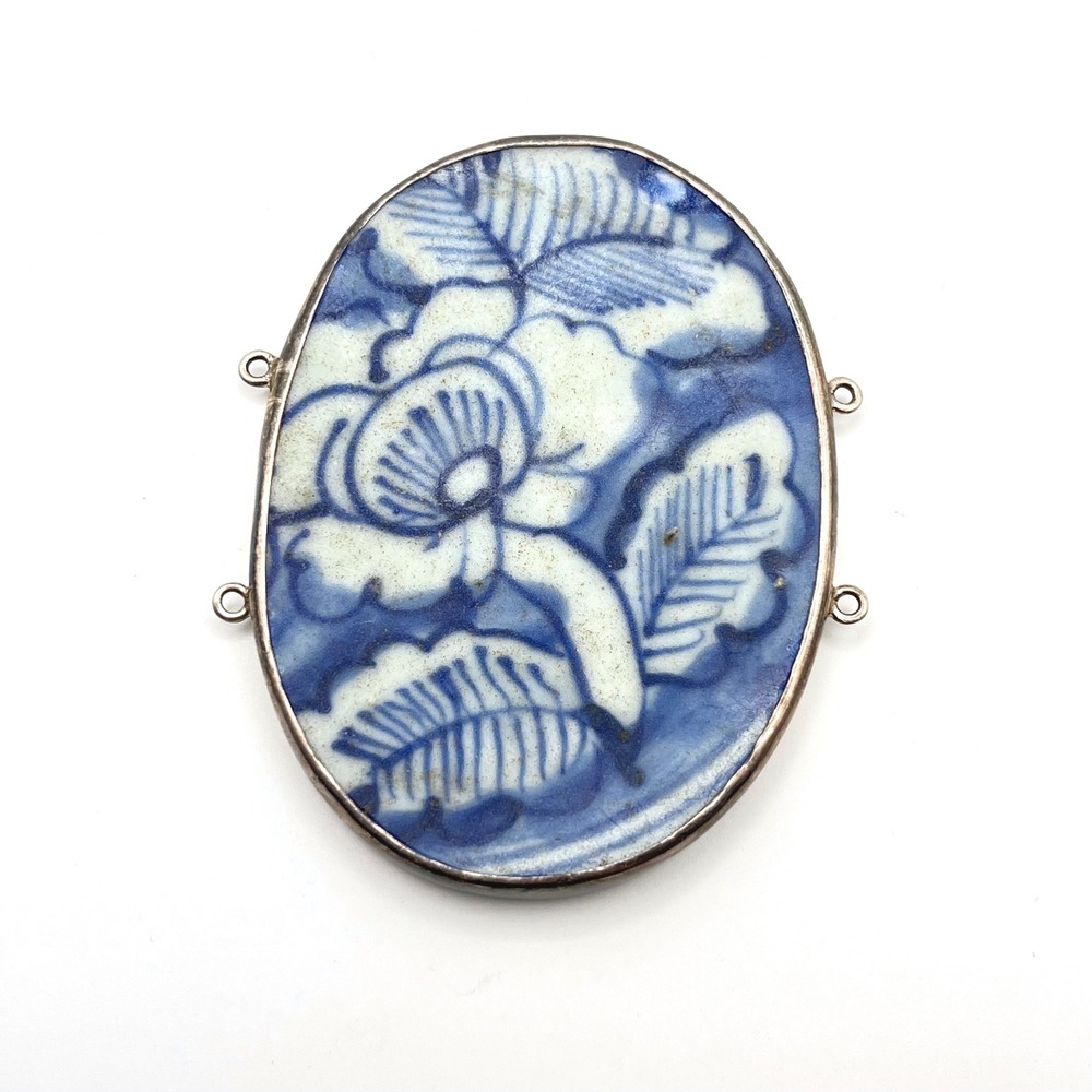Antique Chinese Blue White Porcelain Shard Sterling Silver 925 Connector Pendant